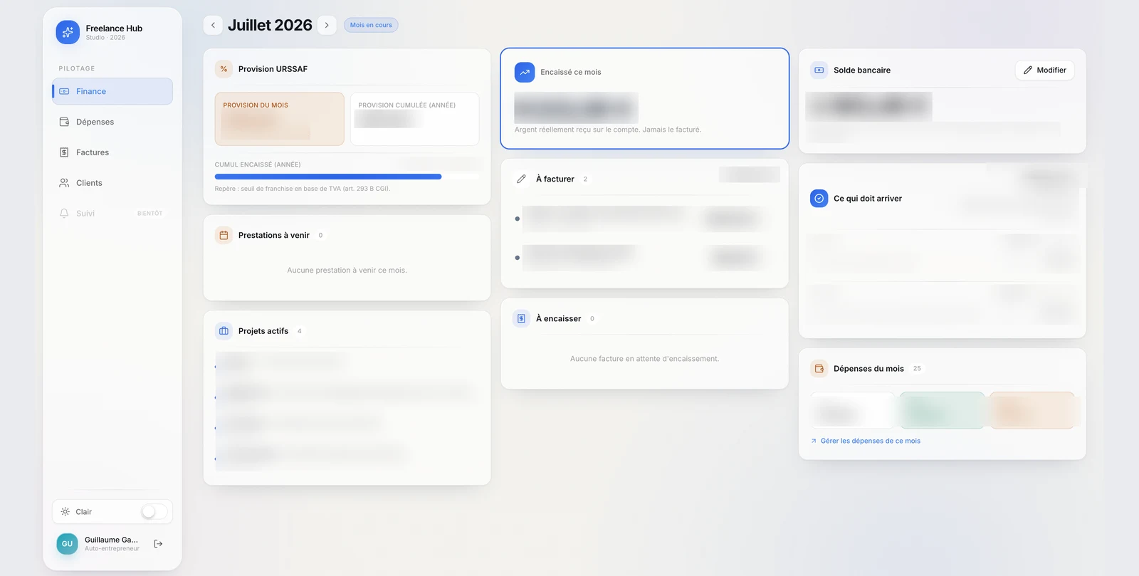 Application ClientHub - Gestion freelance (capture en mode démonstration)