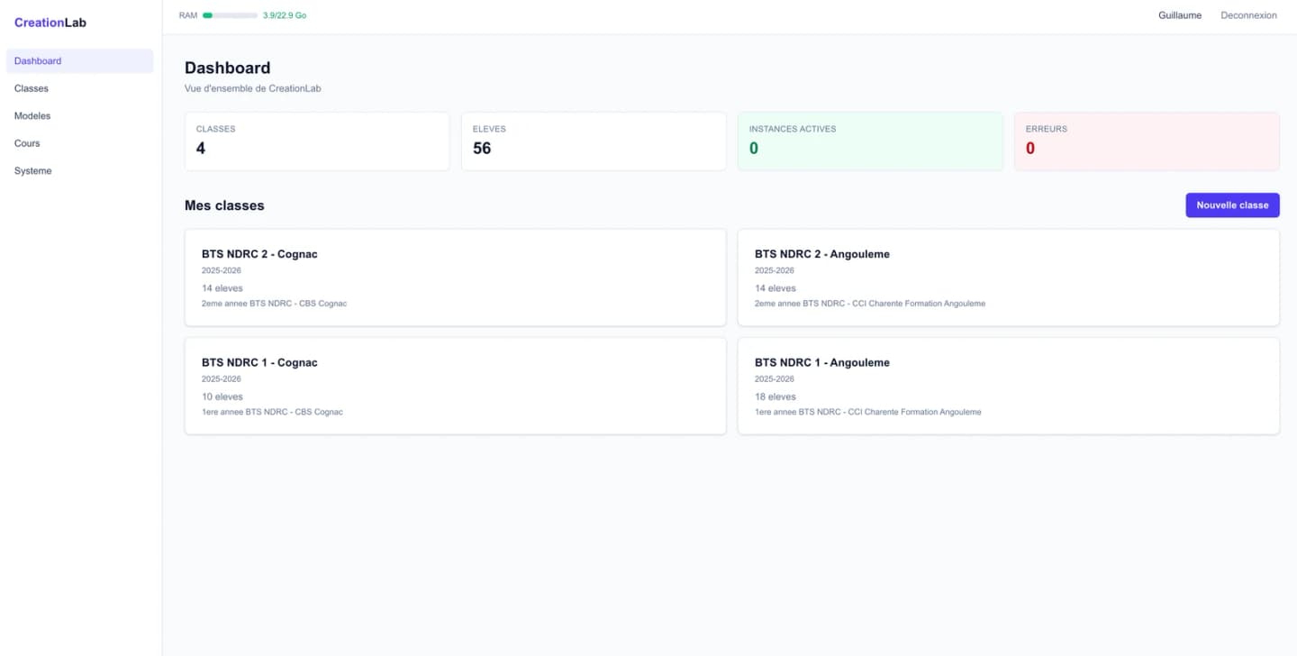 Application CreationLab - Plateforme de formation (capture en mode démonstration, noms floutés RGPD)