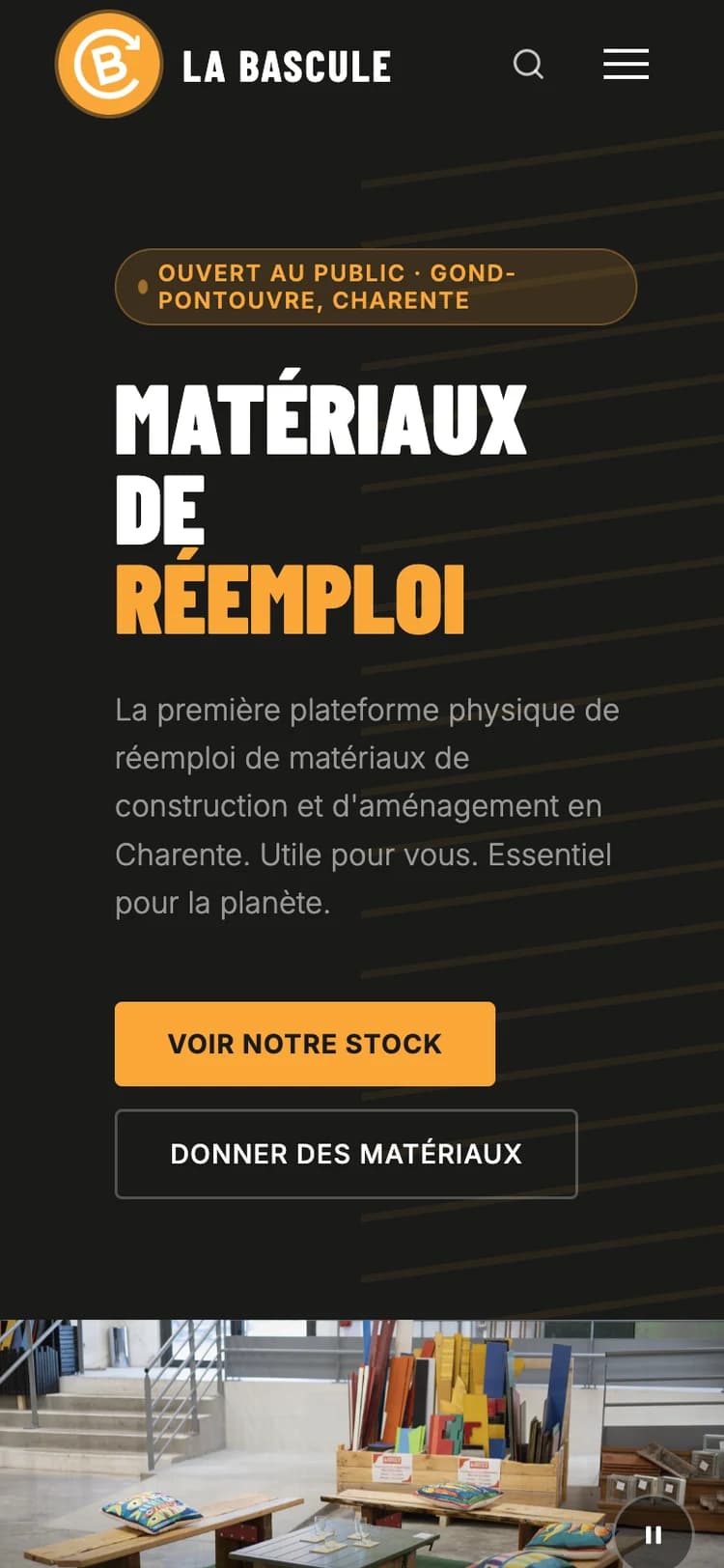 Site association réemploi matériaux | La Bascule - vue mobile