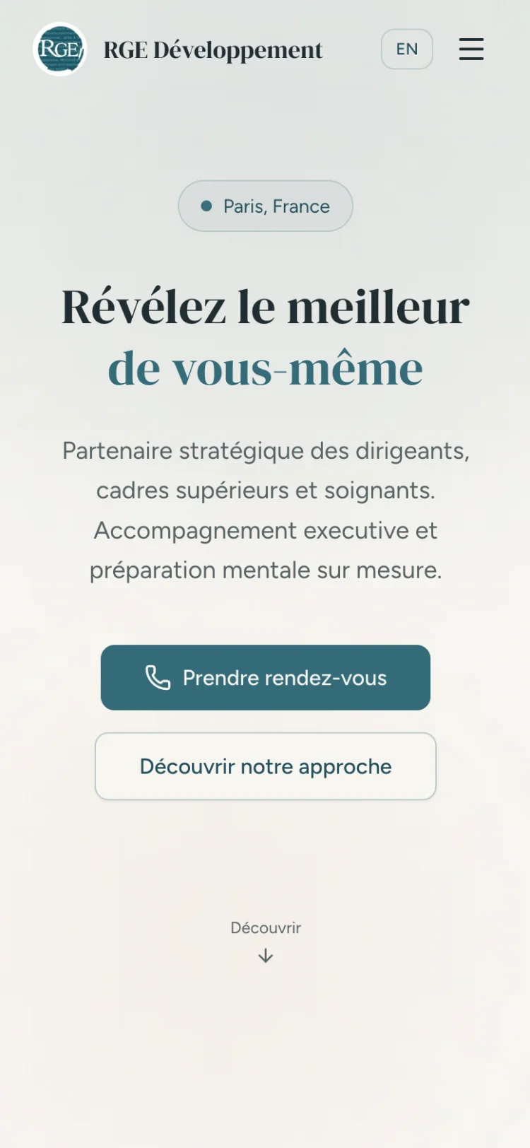 Site bilingue coaching executive | RGE Développement - vue mobile
